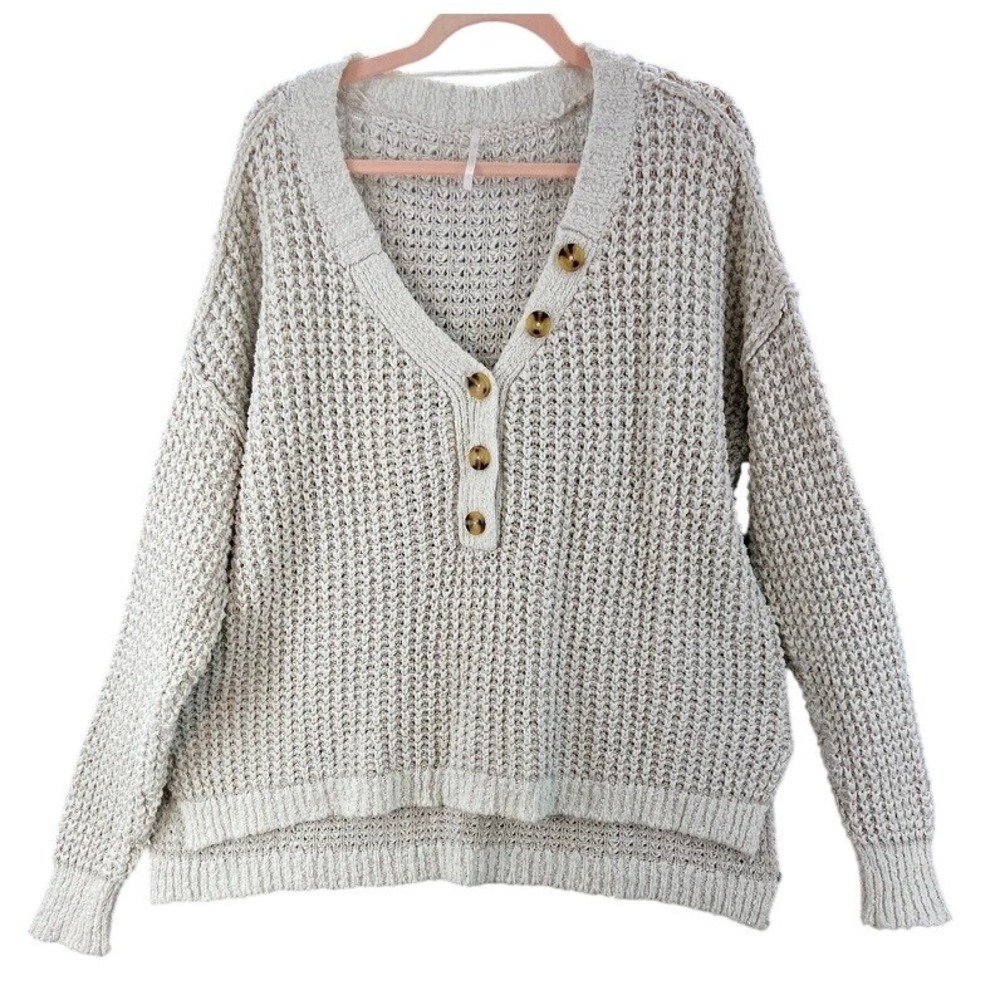 Free People Henley Sweater Women Sz L Cream Chunky Knit Oversized Pullover